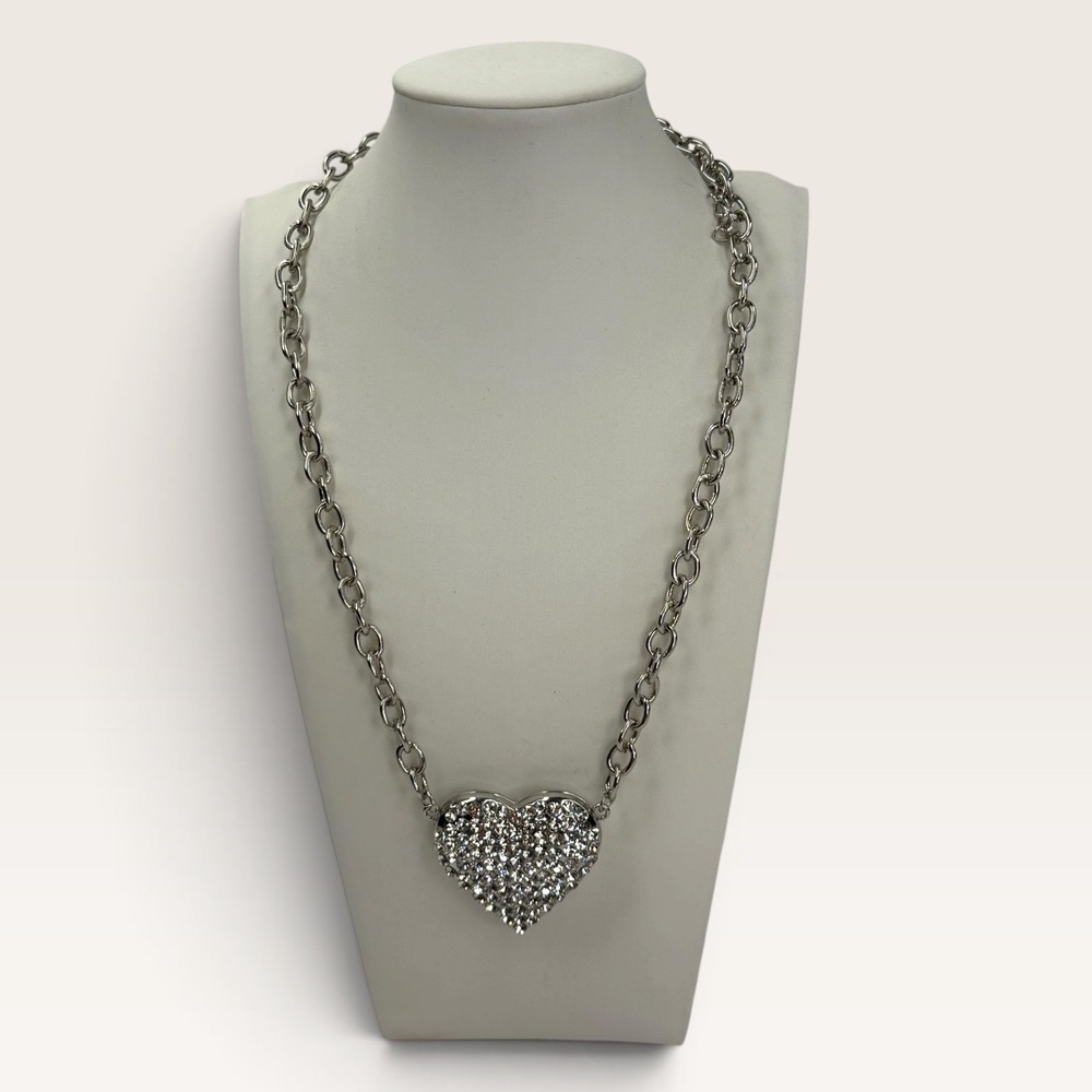 Silver Tone Rhinestone Puffed Heart Chunky Chain Necklace Adjustable Chic Y2K